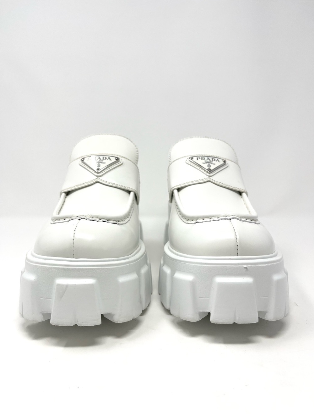 NEW Prada Monolith Triangle Logo White Leather Loafers Heels Chunky 39.5 9.5 - Picture 5 of 14